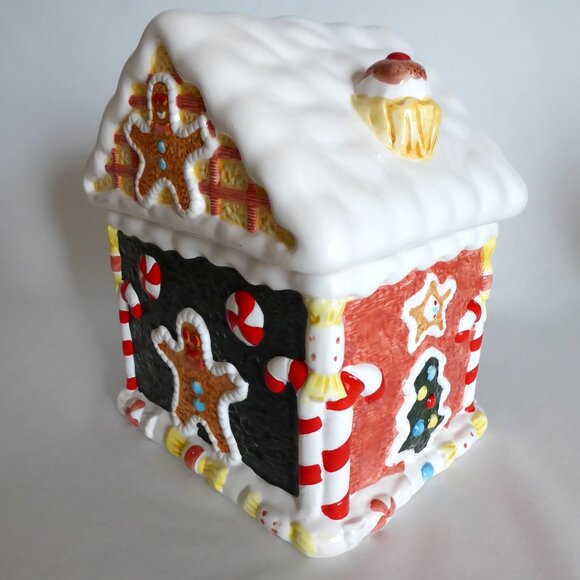 NEW VINTAGE 10” HOLIDAY CHRISTMAS GINGERBREAD HOUSE CERAMIC COOKIE JAR - Picture 3 of 15